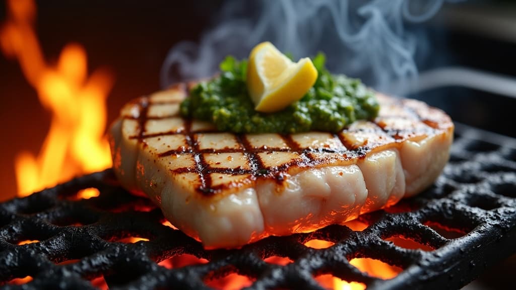 Gegrilltes Schwertfisch-Steak mit Gitterstreifen, Zitrone und Salsa Verde