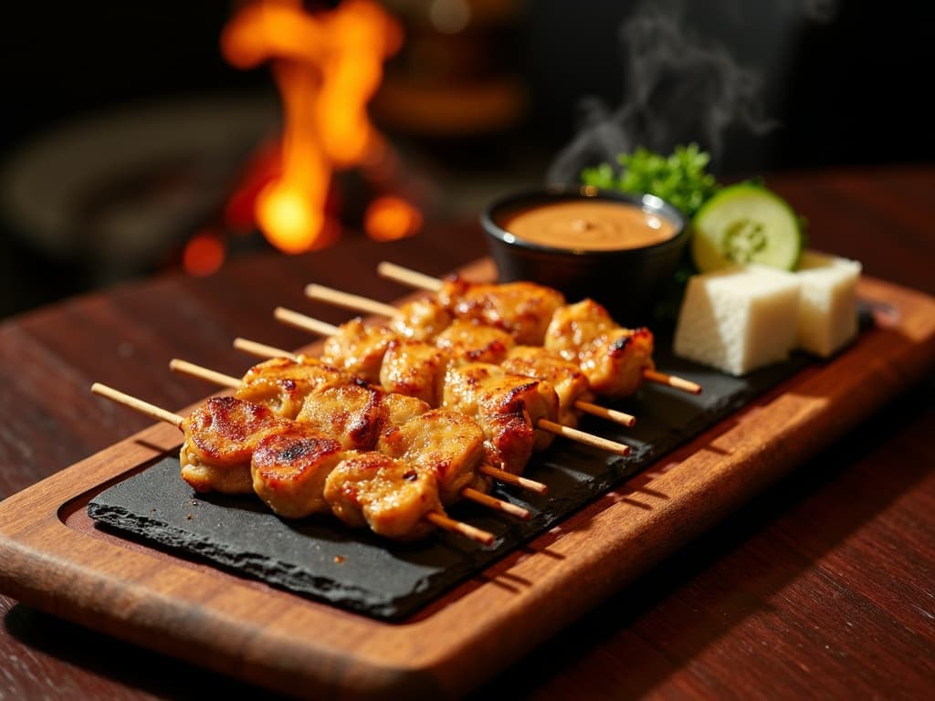 Gegrillte Satay-Spieße mit Erdnuss-Sauce und Ketupat auf Holzkohlegrill — KI-generiertes Symbolbild