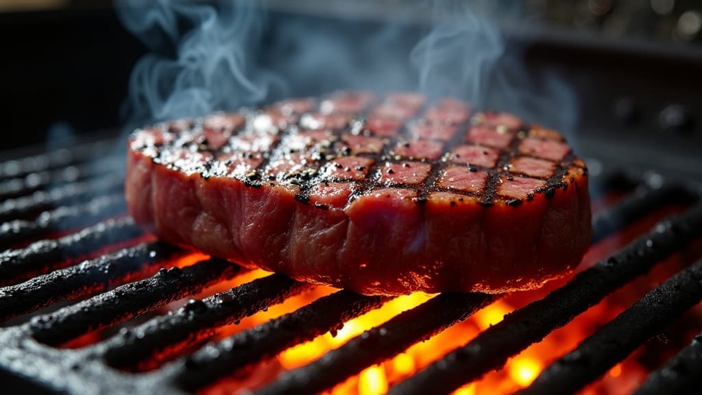 Gegrilltes Thunfisch-Steak mit Sesamkruste, aufgeschnitten, rotes Inneres sichtbar
