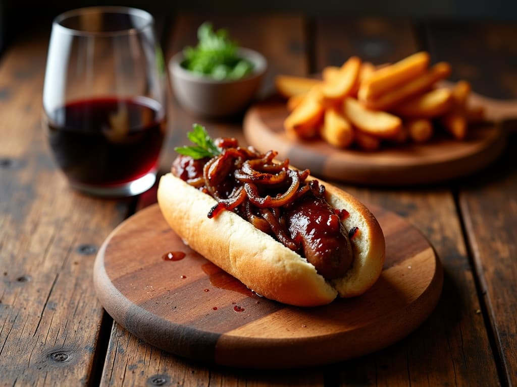 Hot Dog mit rotwein-glasierter Bratwurst und Schmorzwiebeln im weichen Brötchen — KI-generiertes Symbolbild