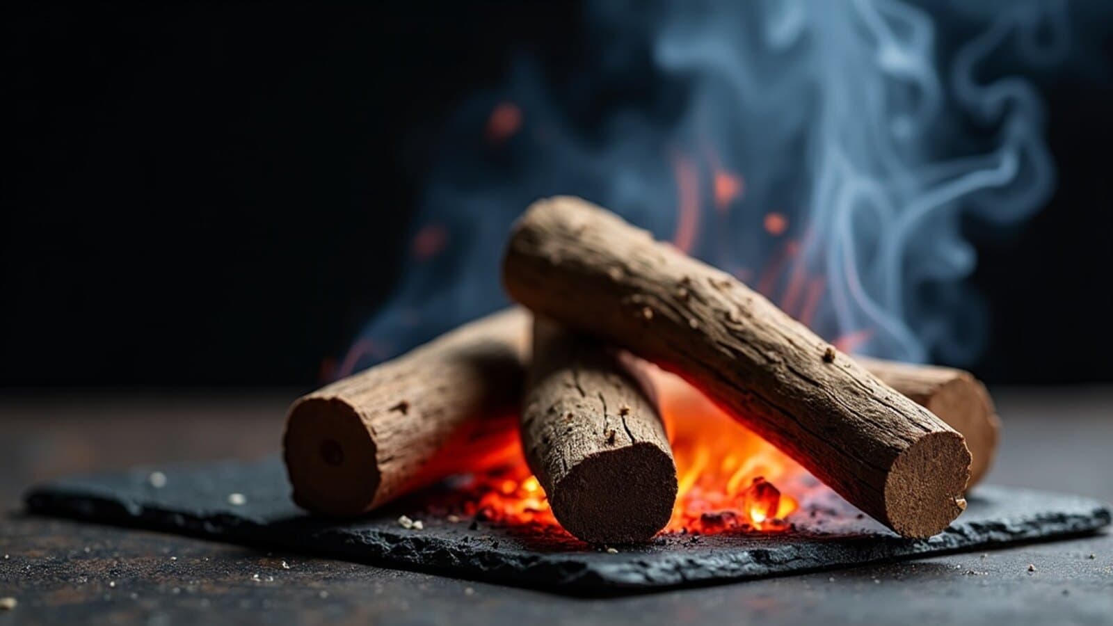 Räucherholz-Chunks neben glühender Holzkohle