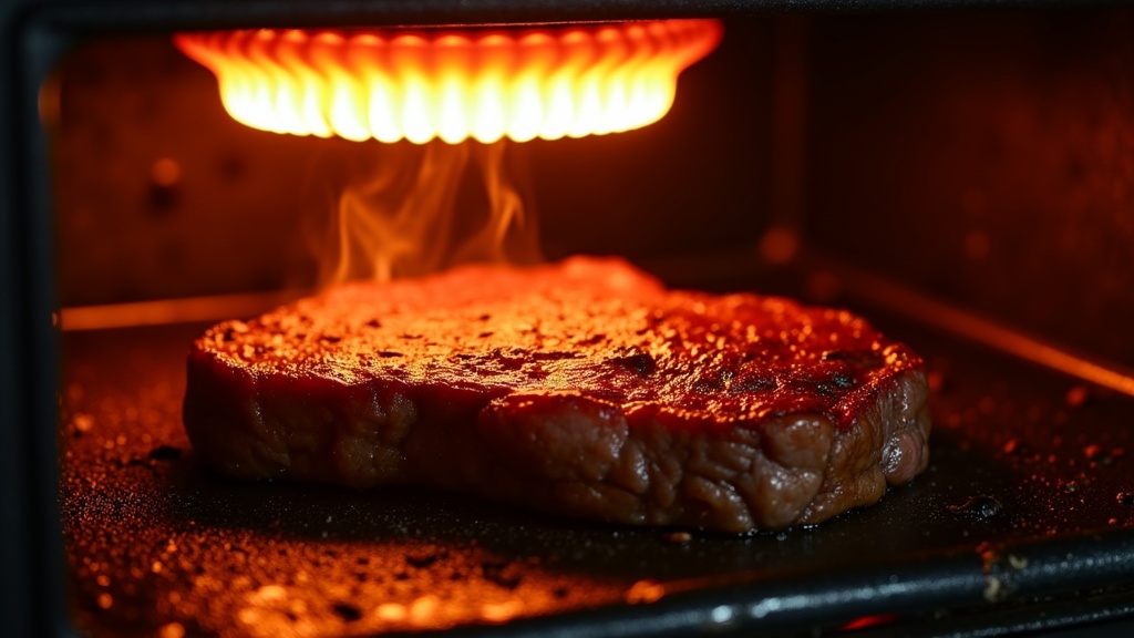 Steak unter dem glühenden Keramikbrenner eines Oberhitzegrills